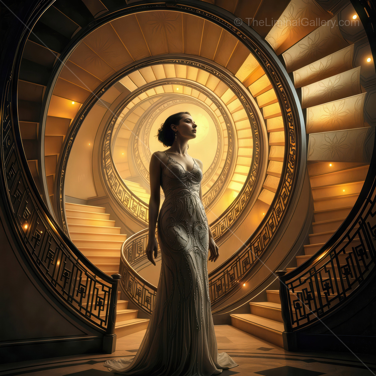 Elegant woman in stunning evening gown poses dramatically at a warped liminal grand spiral staircase in soft golden light