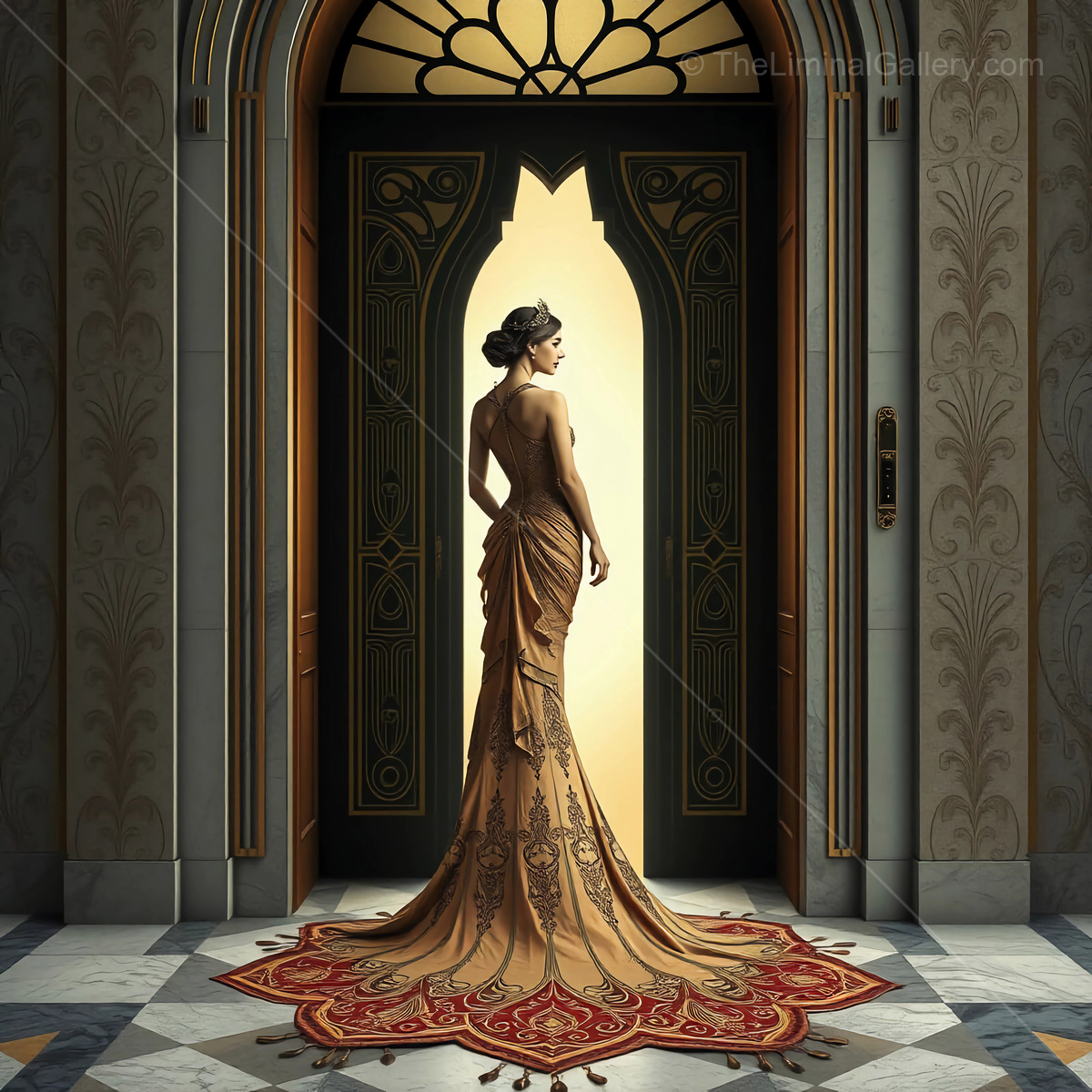 Elegant deco woman in ornate gown standing gracefully by a grand doorway at dusk