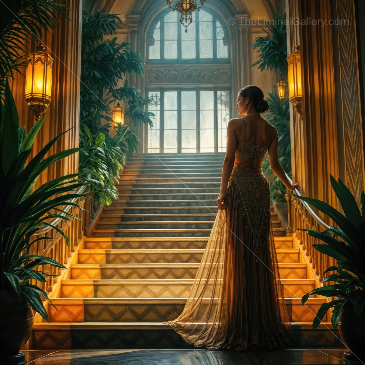 Elegant woman in a stunning evening gown ascends the grand staircase illuminated by luxurious lighting at an art deco historic venue