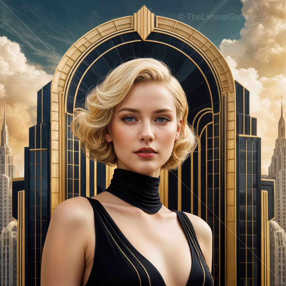 Elegant woman with vintage hairstyle in front of grand Art Deco architecture during a warm sunset
