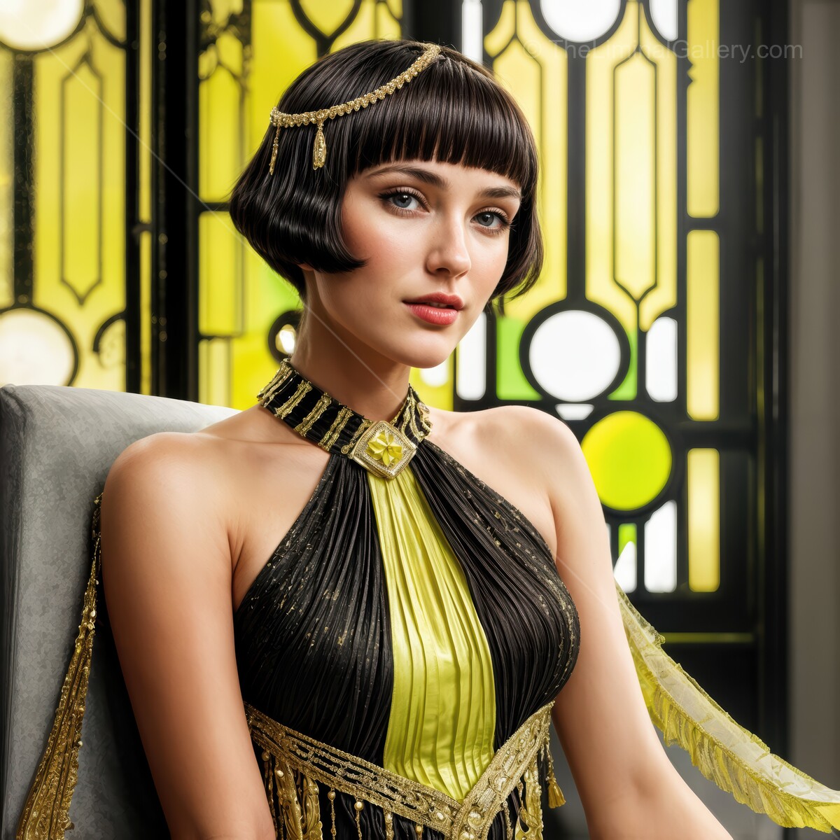 Elegant woman in vintage attire showcases timeless beauty in art deco setting