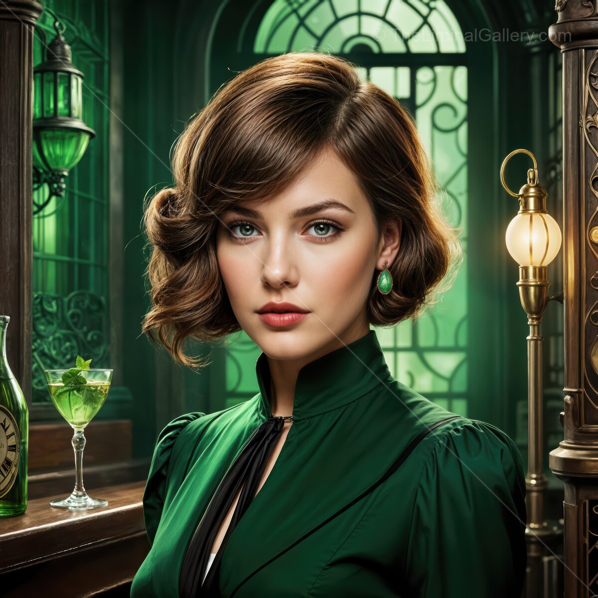 Elegant deco woman in a vintage-inspired bar with emerald green decor, sipping a cocktail in the evening atmosphere