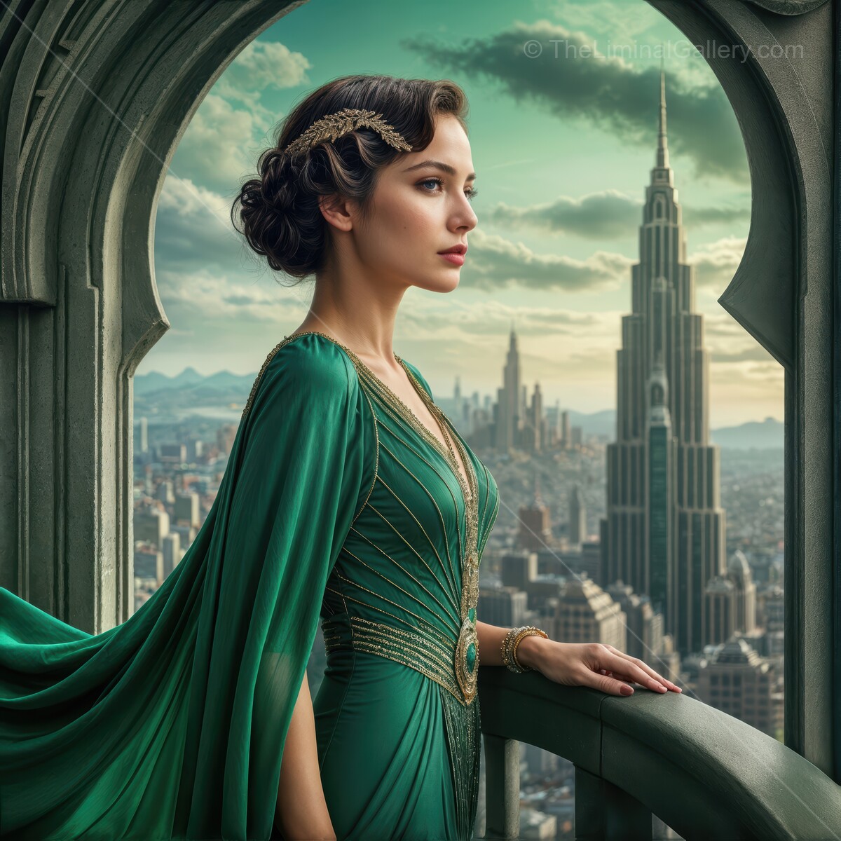 Elegant deco figure gazes over a futuristic city skyline at sunset with dramatic green attire