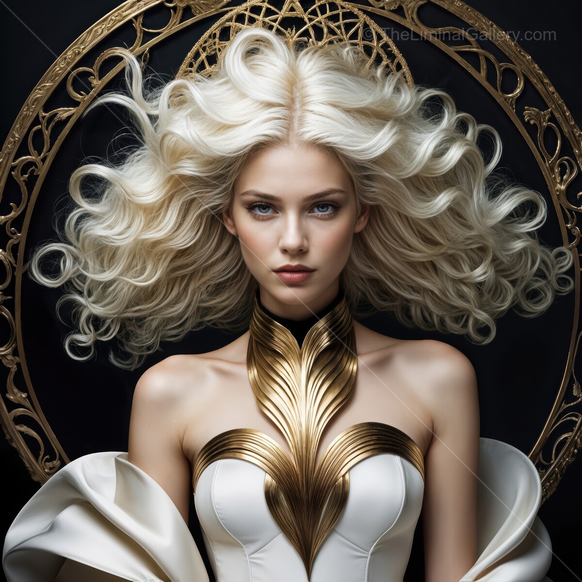 Elegance personified with intricate golden patterns and flowing white locks creating an ethereal atmosphere in the studio