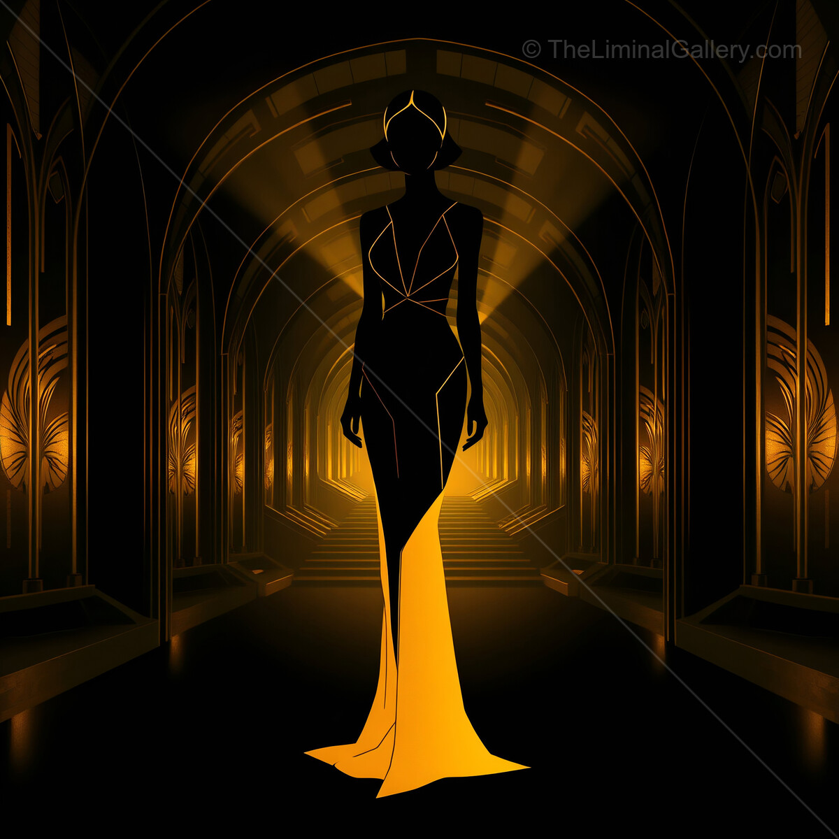 Enticing silhouette of a fashion model poised in a stunning golden gown within a gothic setting