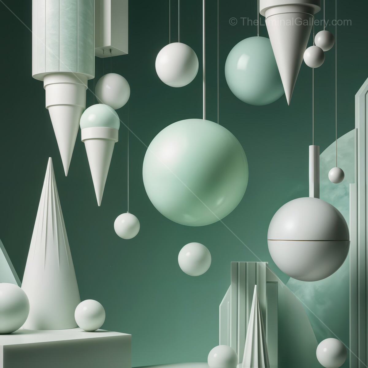 Floating deco geometric shapes create a whimsical green landscape filled with artistic forms and textures