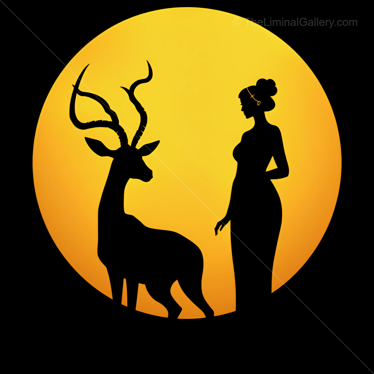 Silhouette of a deco woman and a majestic antelope against a stunning orange moon