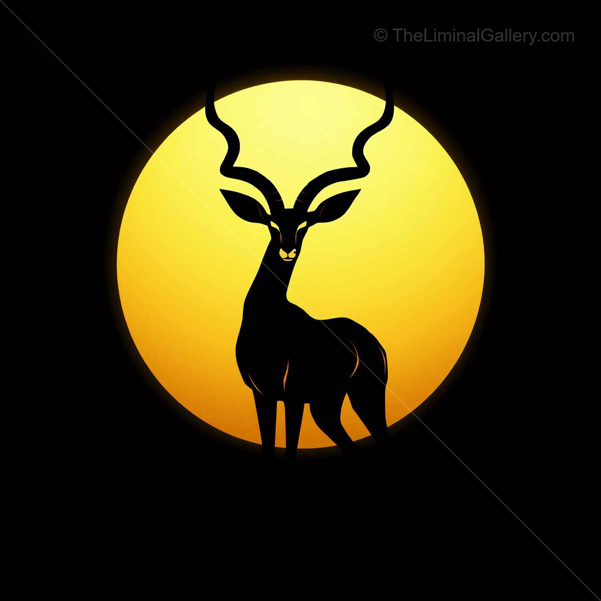 Majestic art deco gazelle silhouetted against a bright orange sunset in an enchanting landscape