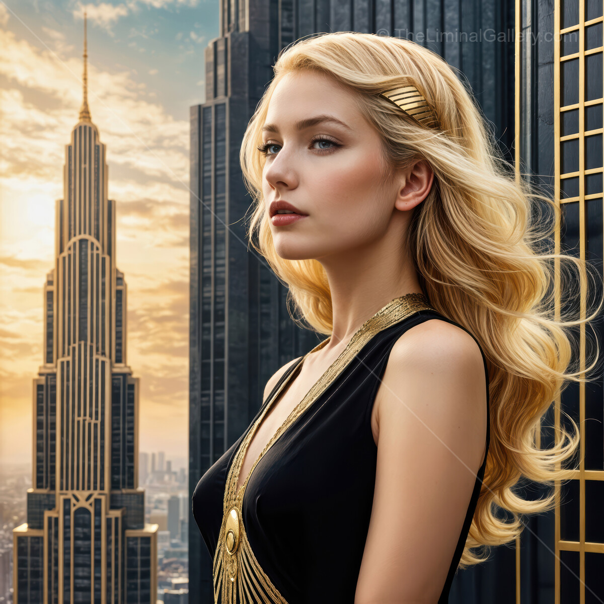 Glamorous deco woman in elegant attire against a city skyline at sunset