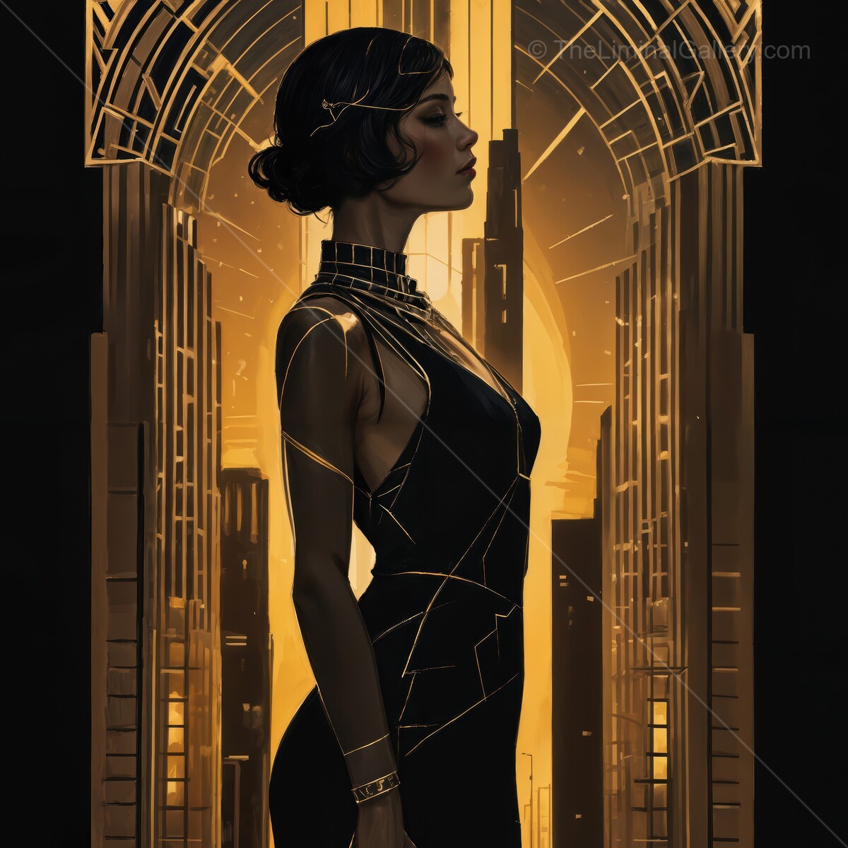 Elegant woman in a stunning art deco setting radiates grace and sophistication in golden hues