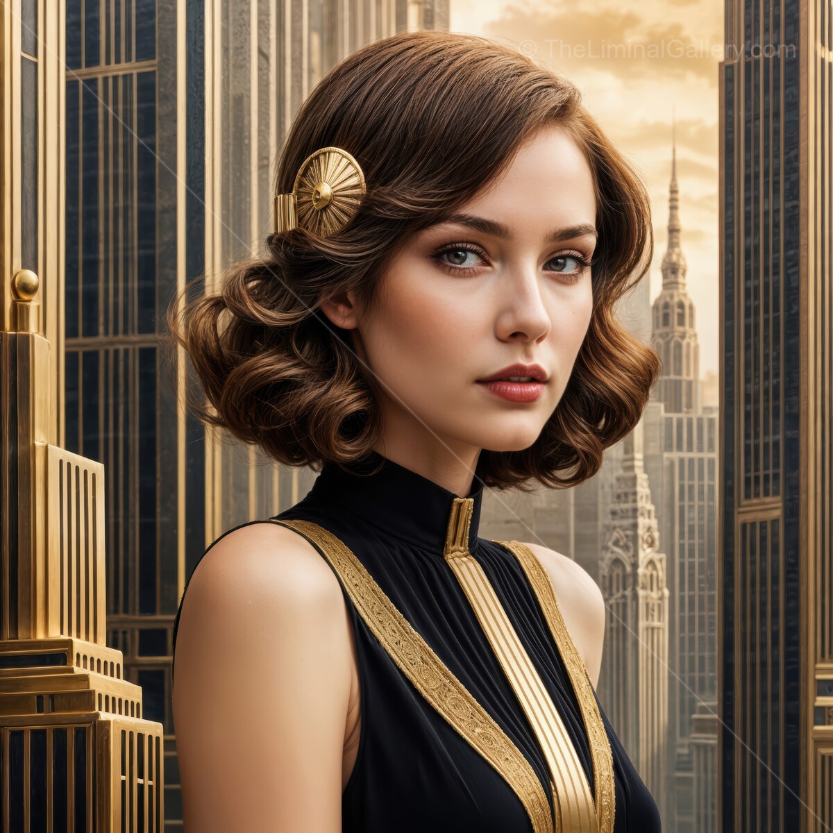 Glamorous woman in vintage attire poses confidently against a city skyline at sunset