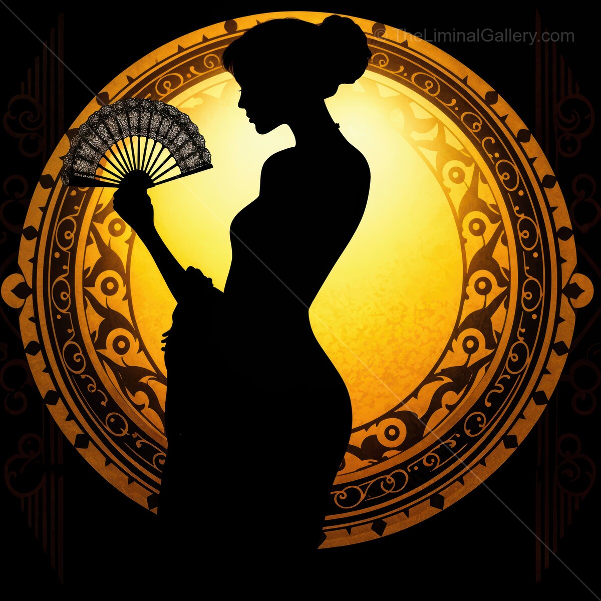 Silhouette of a graceful art deco dancer holding a fan against a glowing golden backdrop