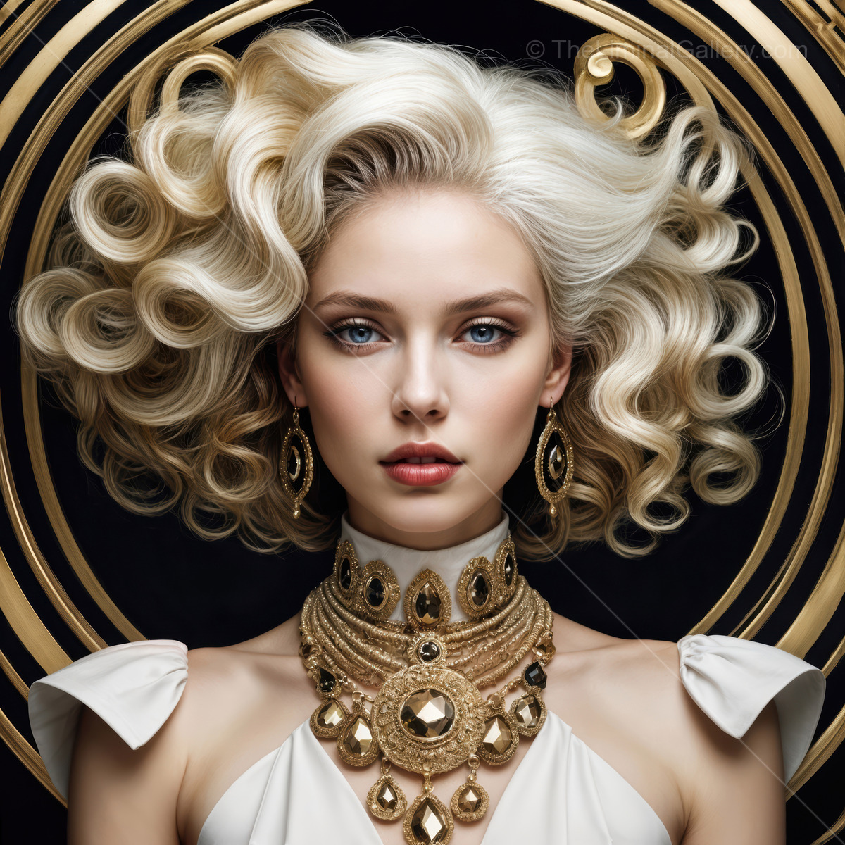 Majestic elegance of a woman adorned in golden accessories and luxurious curls