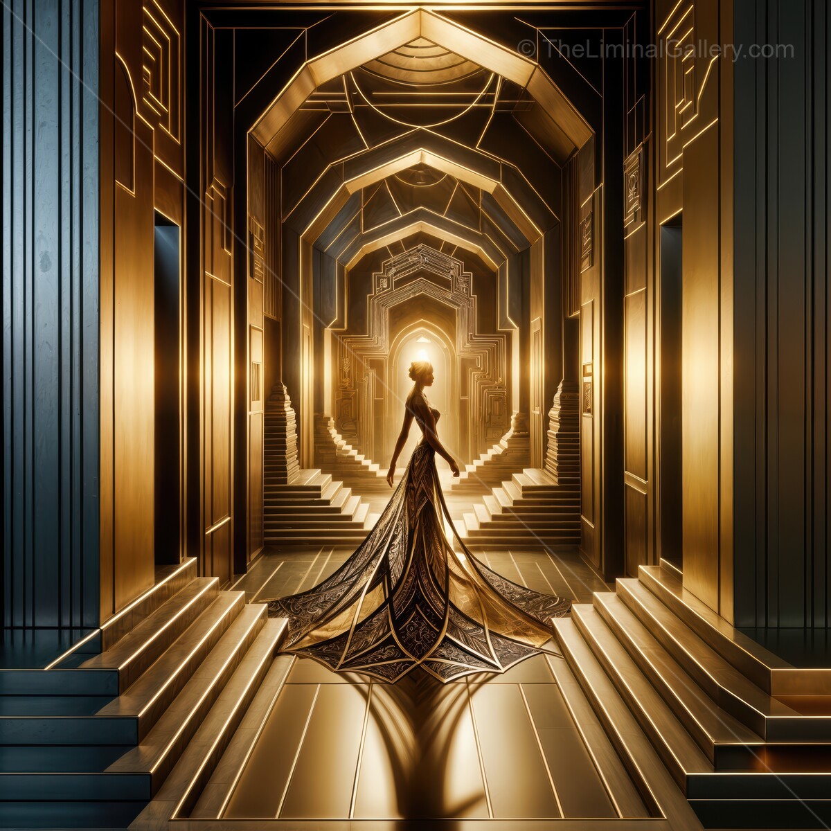 Golden elegance shines in a surreal corridor with an artistic figure in an elaborate gown