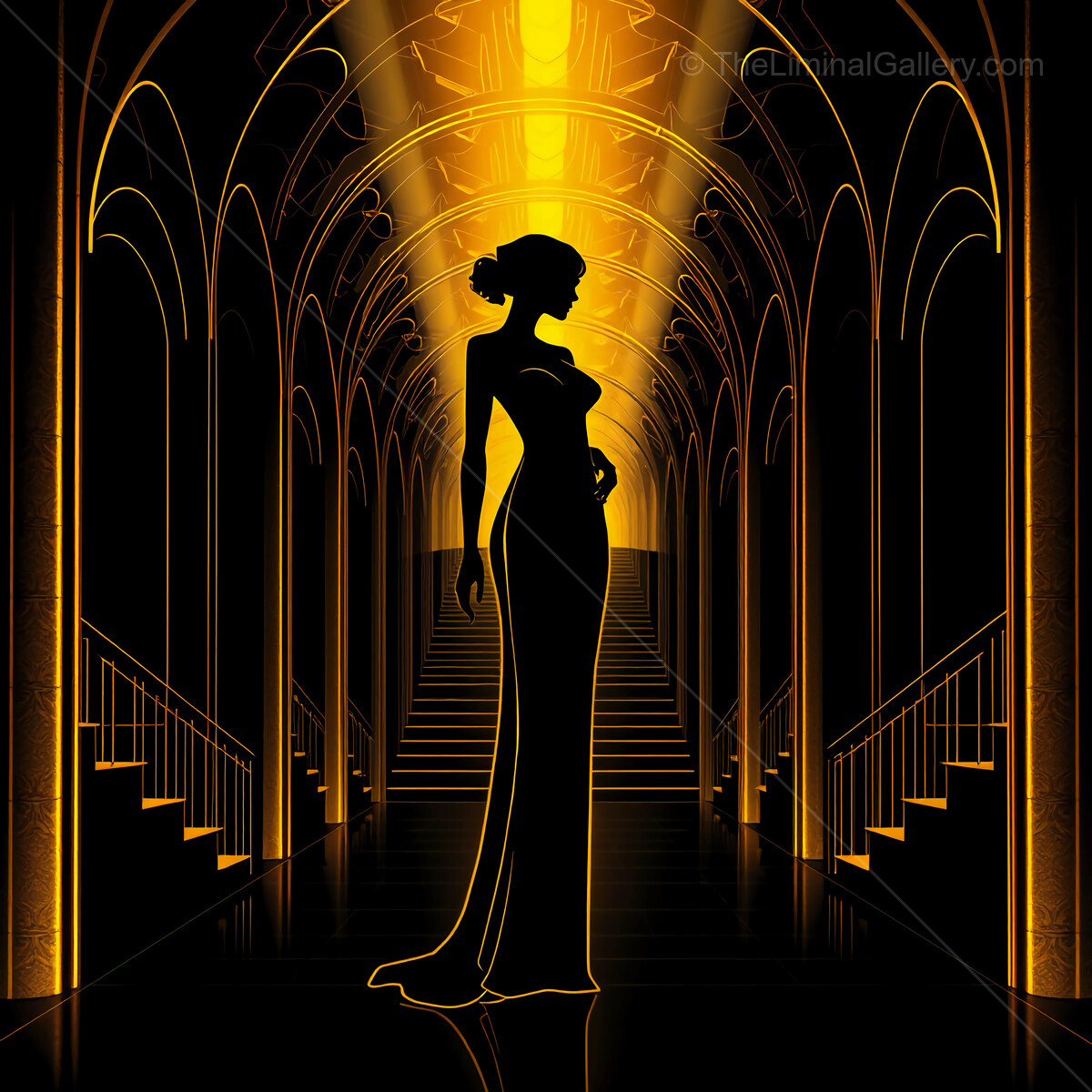 Elegance captured in silhouette amid golden light and grand architecture