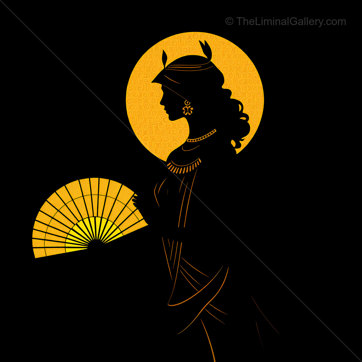 Egyptian revival of a woman with a fan against a glowing backdrop creating a mystical atmosphere