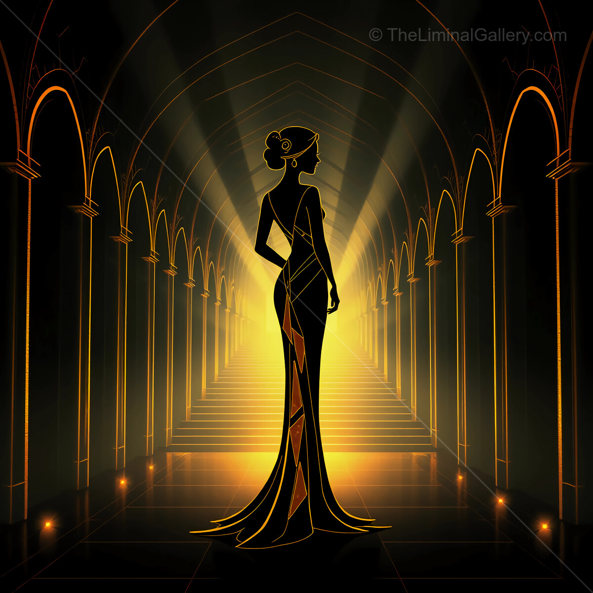 Graceful art deco silhouette of a woman in a stunning gown illuminated by golden lights in an elegant corridor