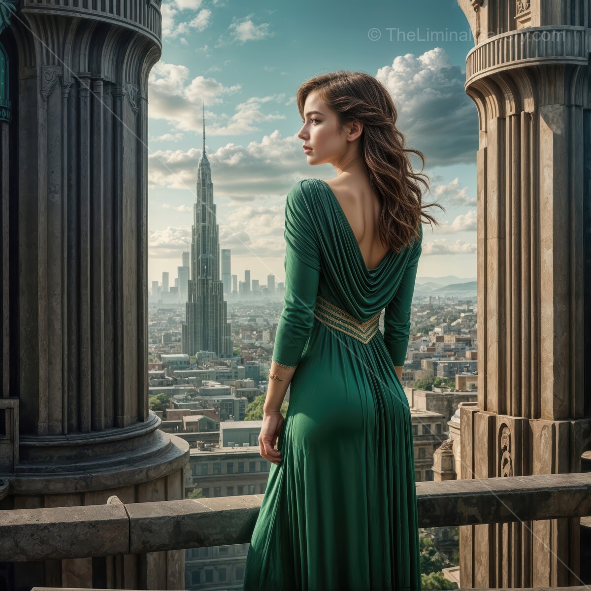Elegant deco woman in a green gown gazes over a futuristic city skyline at sunset