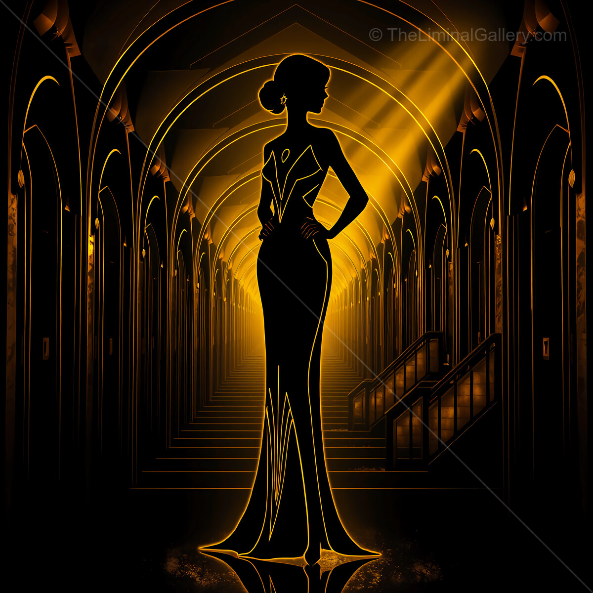 Elegant deco silhouette in a luminous hallway radiating glamour and intrigue at twilight
