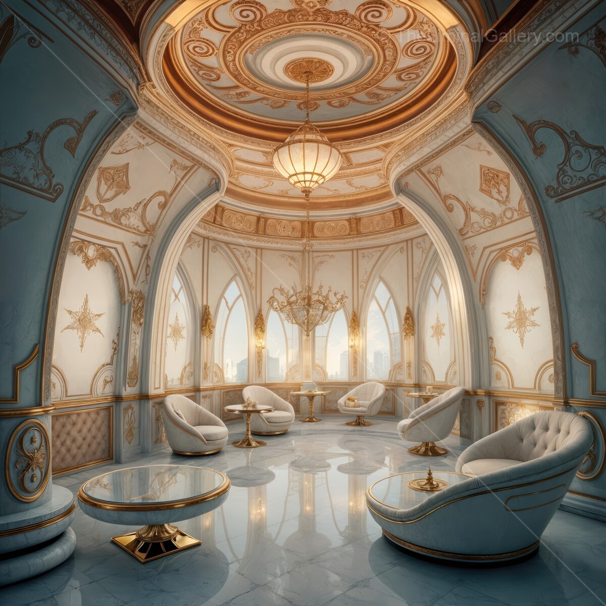 Majestic deco interior of an intricately designed lounge with elegant furnishings and ornate details