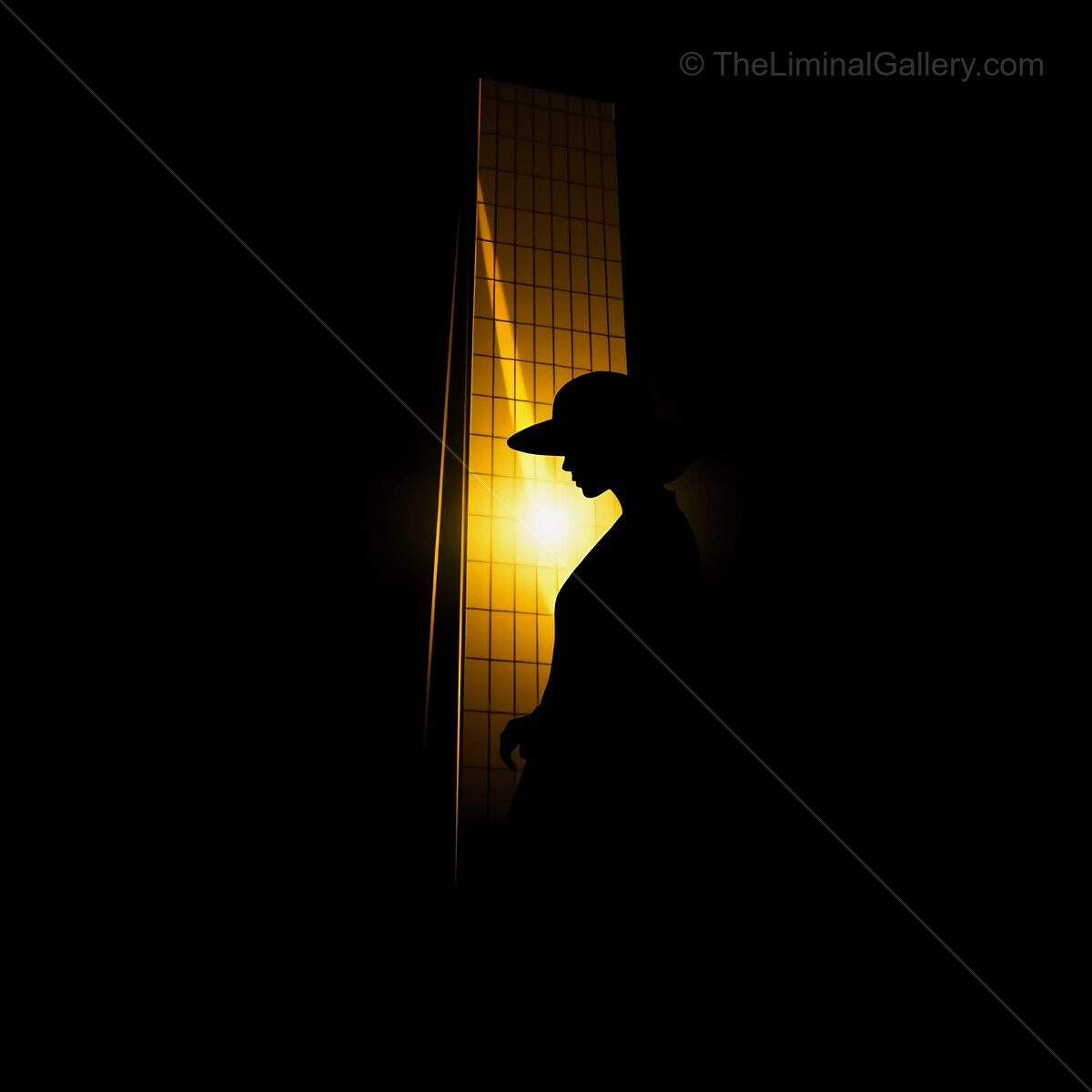 Elegant deco silhouette captured against warm light in a dimly lit urban corridor