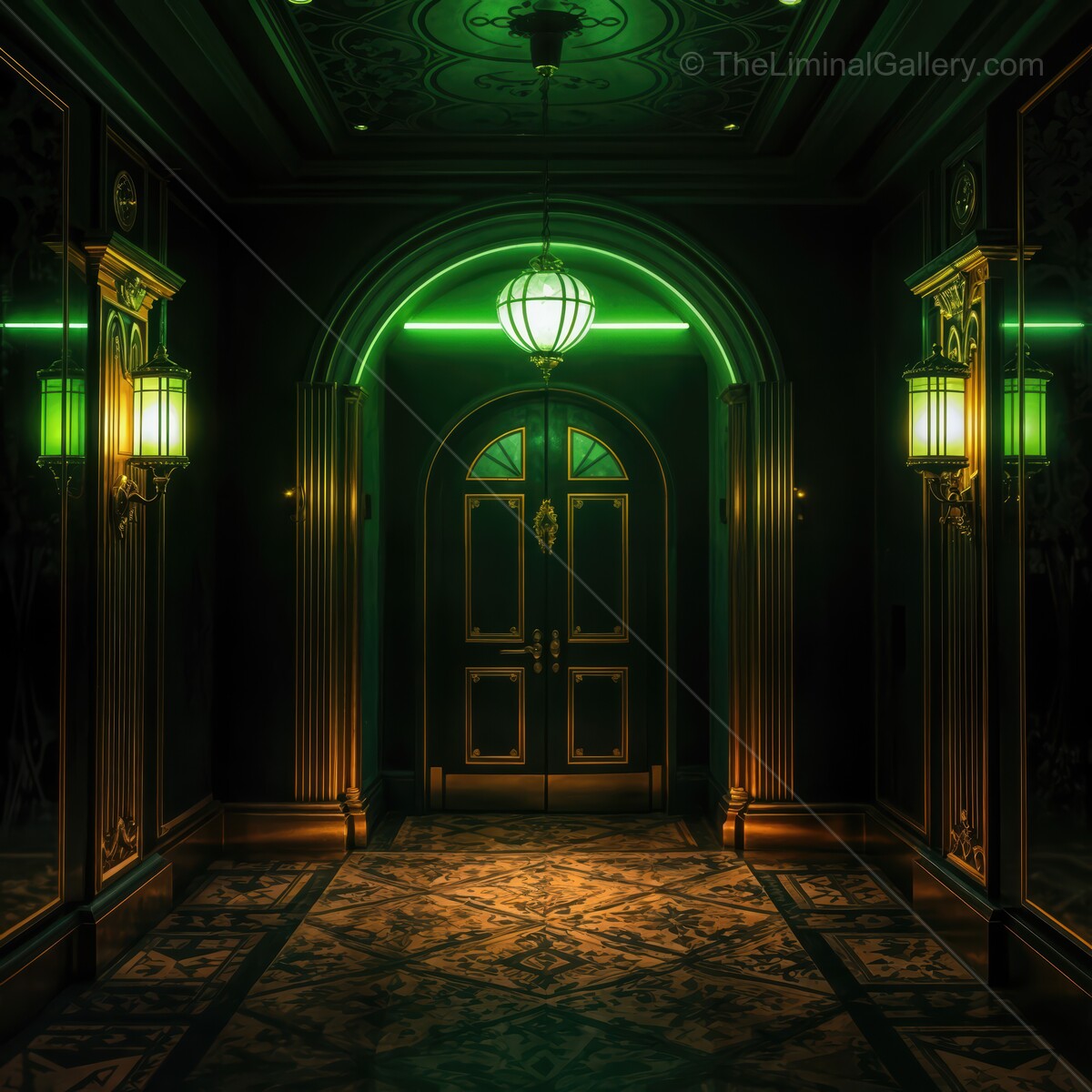 Mystical art deco corridor with green lights inviting exploration and intrigue at midnight