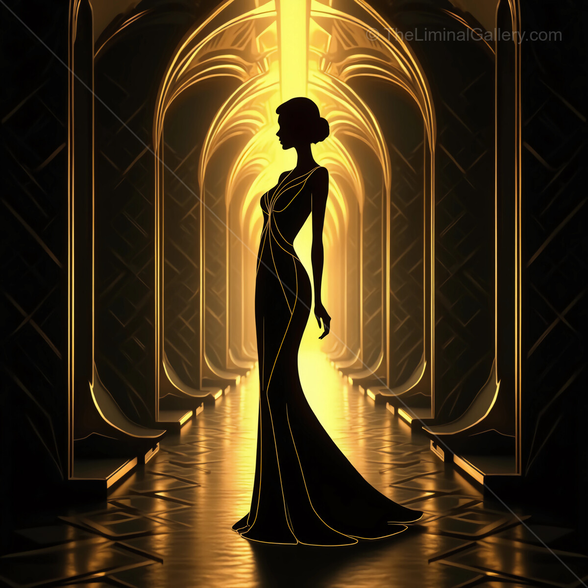 Elegant deco silhouette in a glowing corridor exuding mystery and sophistication at night