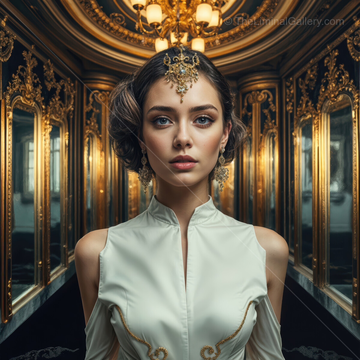 Elegant woman in ornate gown poses in a lavish mirror-filled hallway at dusk