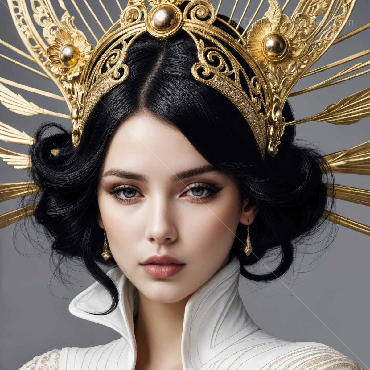 Enigmatic beauty adorned with a golden crown during a regal photoshoot in a studio setting