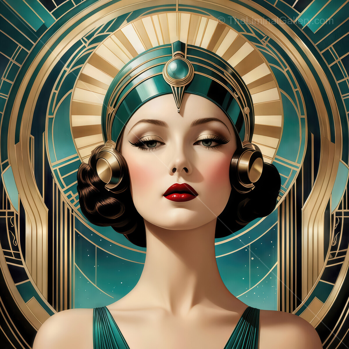 Elegant woman in Art Deco style headpiece exuding glamour and sophistication during a lavish evening in the 1920s
