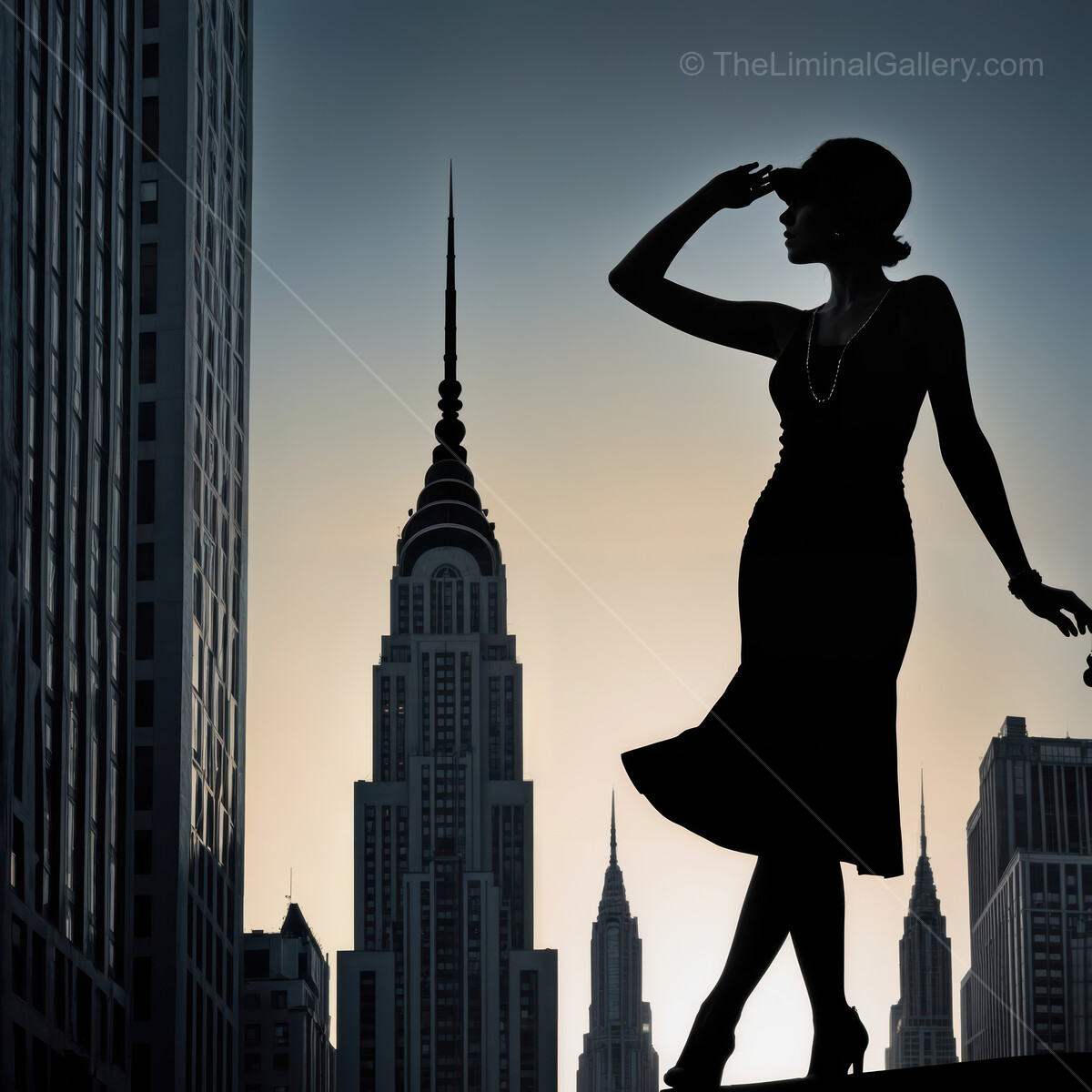 Silhouette of a fashionable deco woman against the New York skyline at sunset
