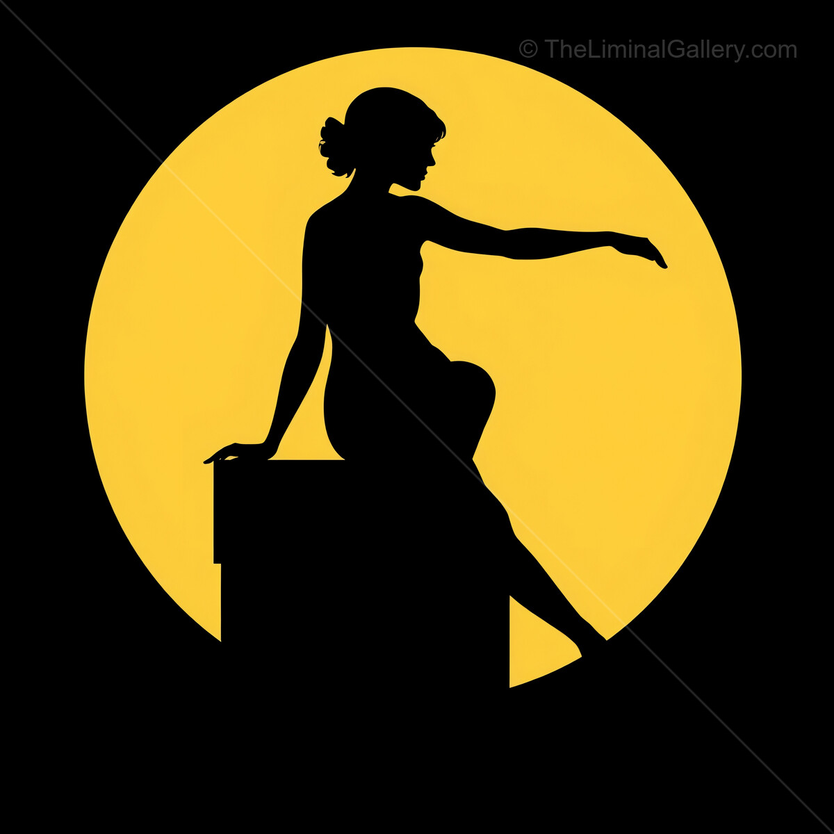 Silhouette of a deco woman gracefully seated against a vibrant yellow moon
