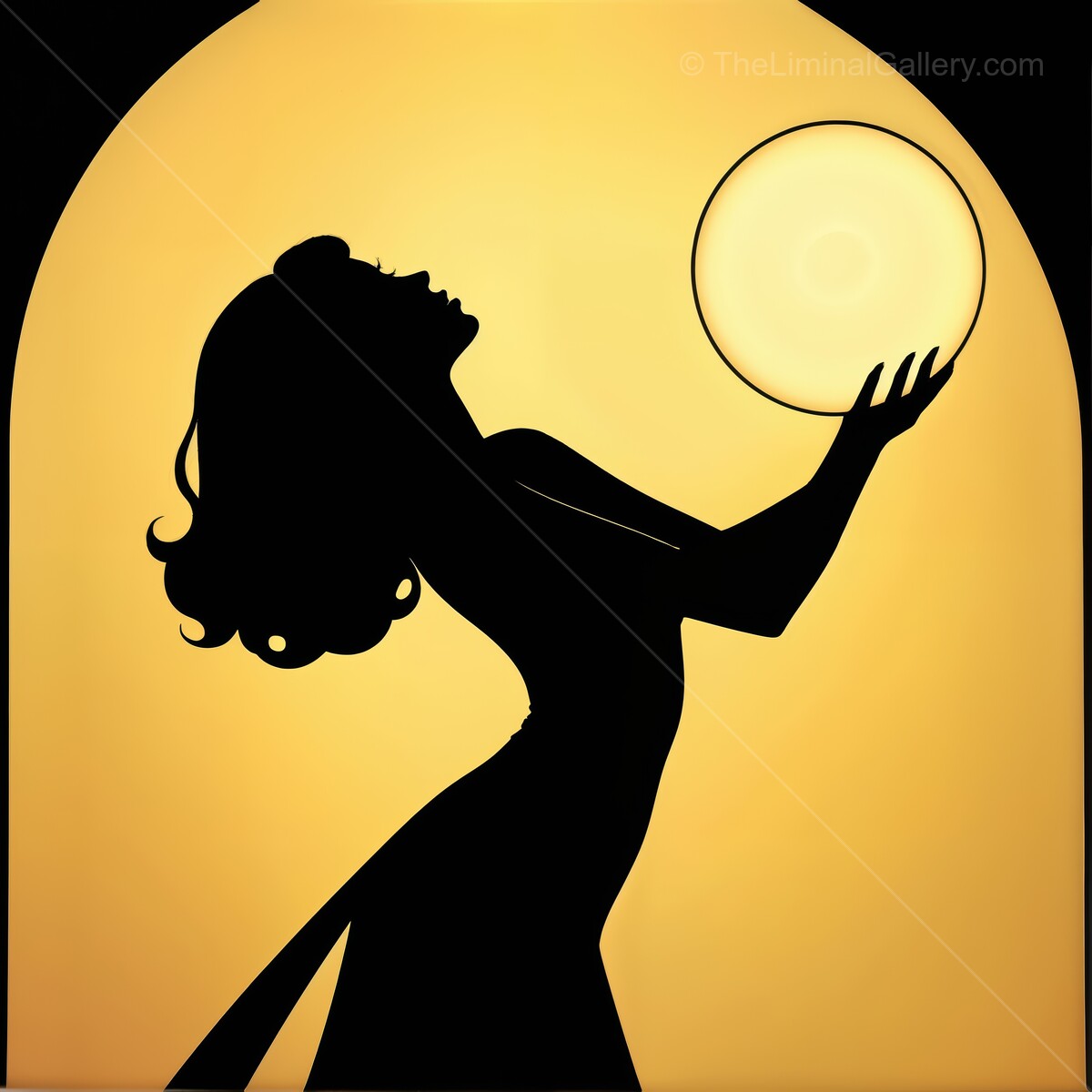 Elegant art deco silhouette of a woman cradling a glowing orb against a warm backdrop