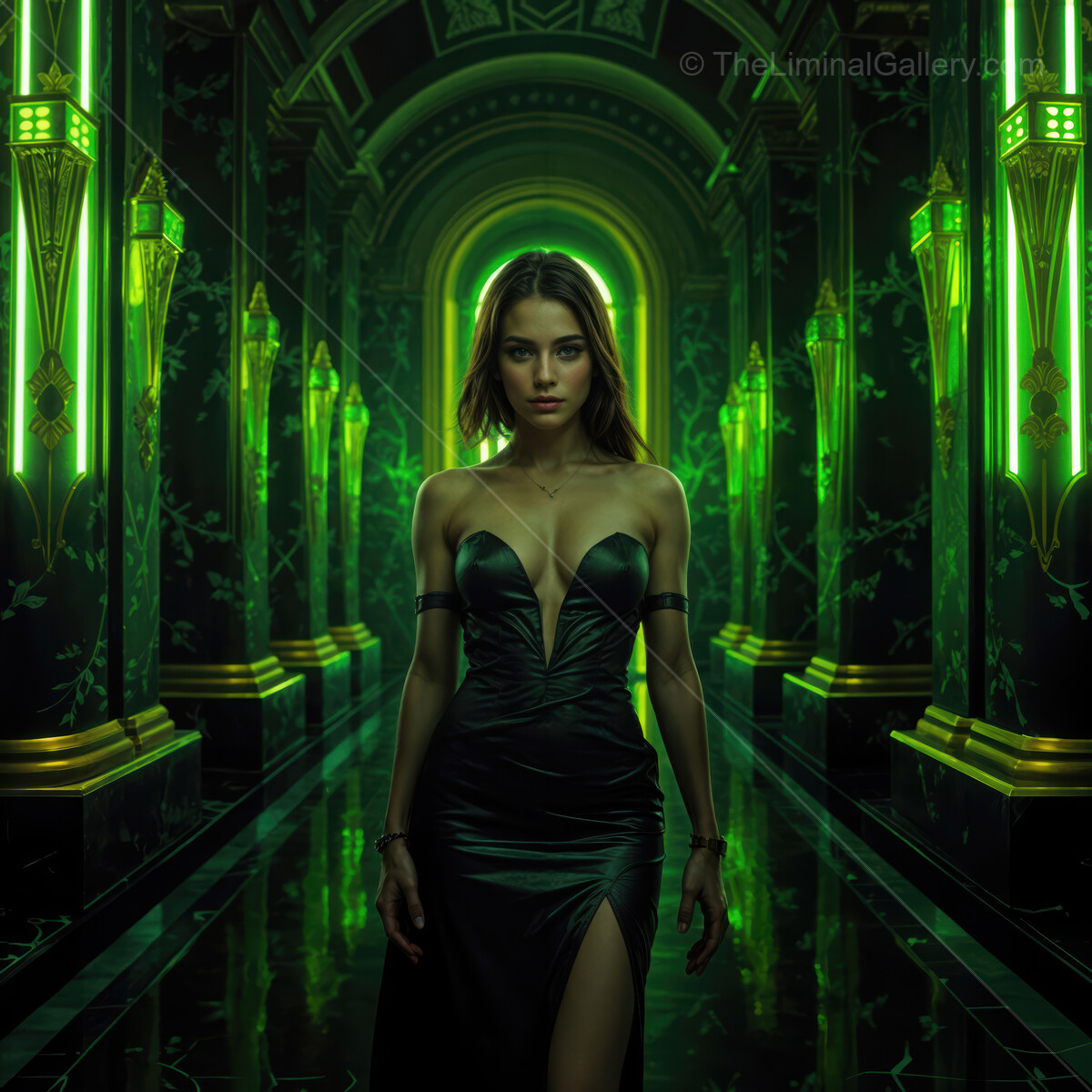Striking figure walks through an enchanting emerald-lit corridor at night