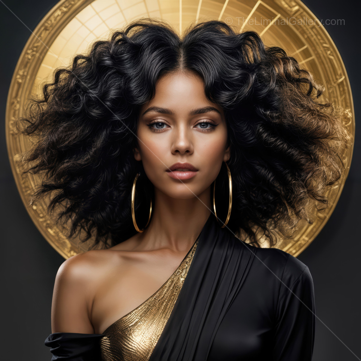 Striking deco portrait of a woman with voluminous hair and golden accents radiating confidence