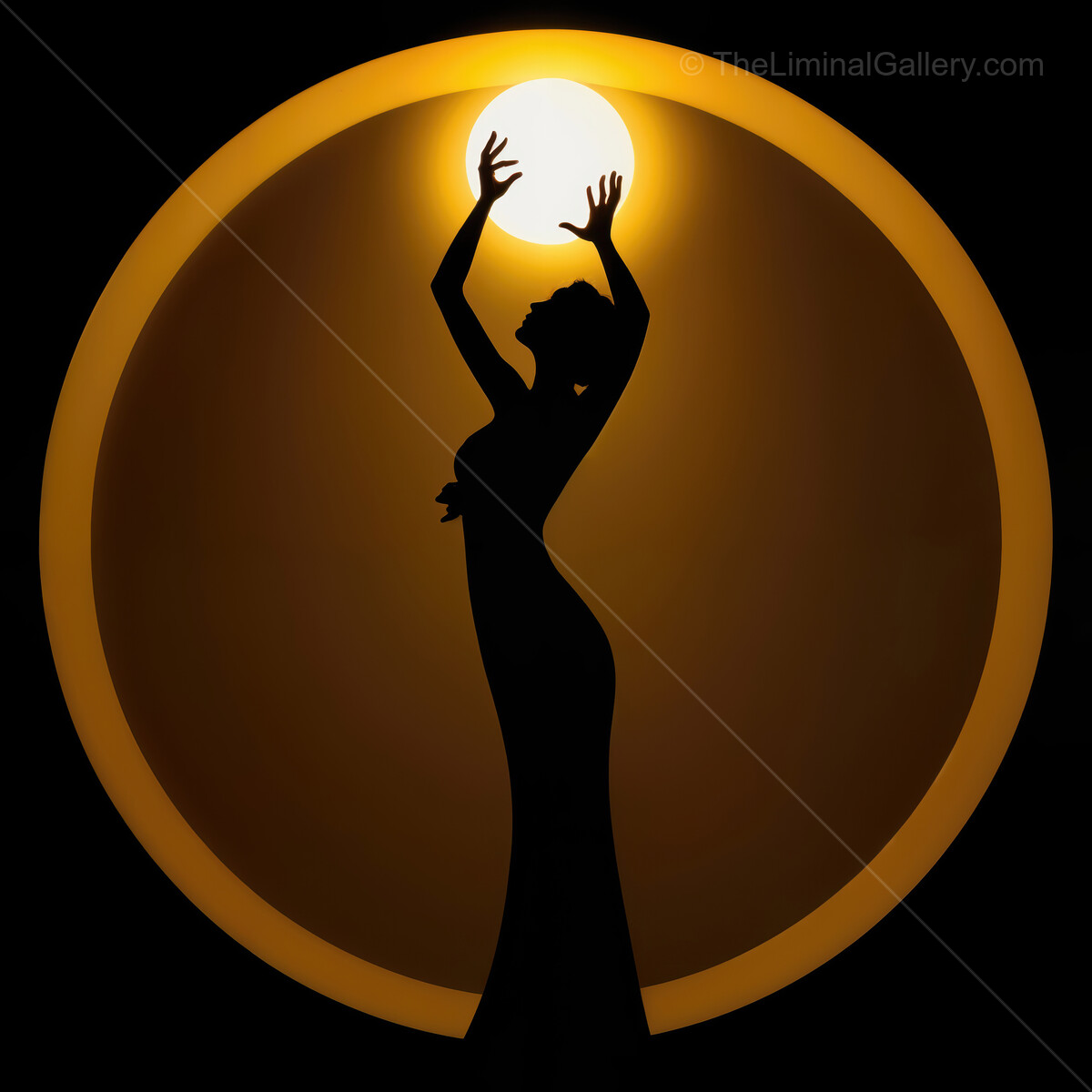 Elegant deco silhouette of a woman embracing the sun during a tranquil evening