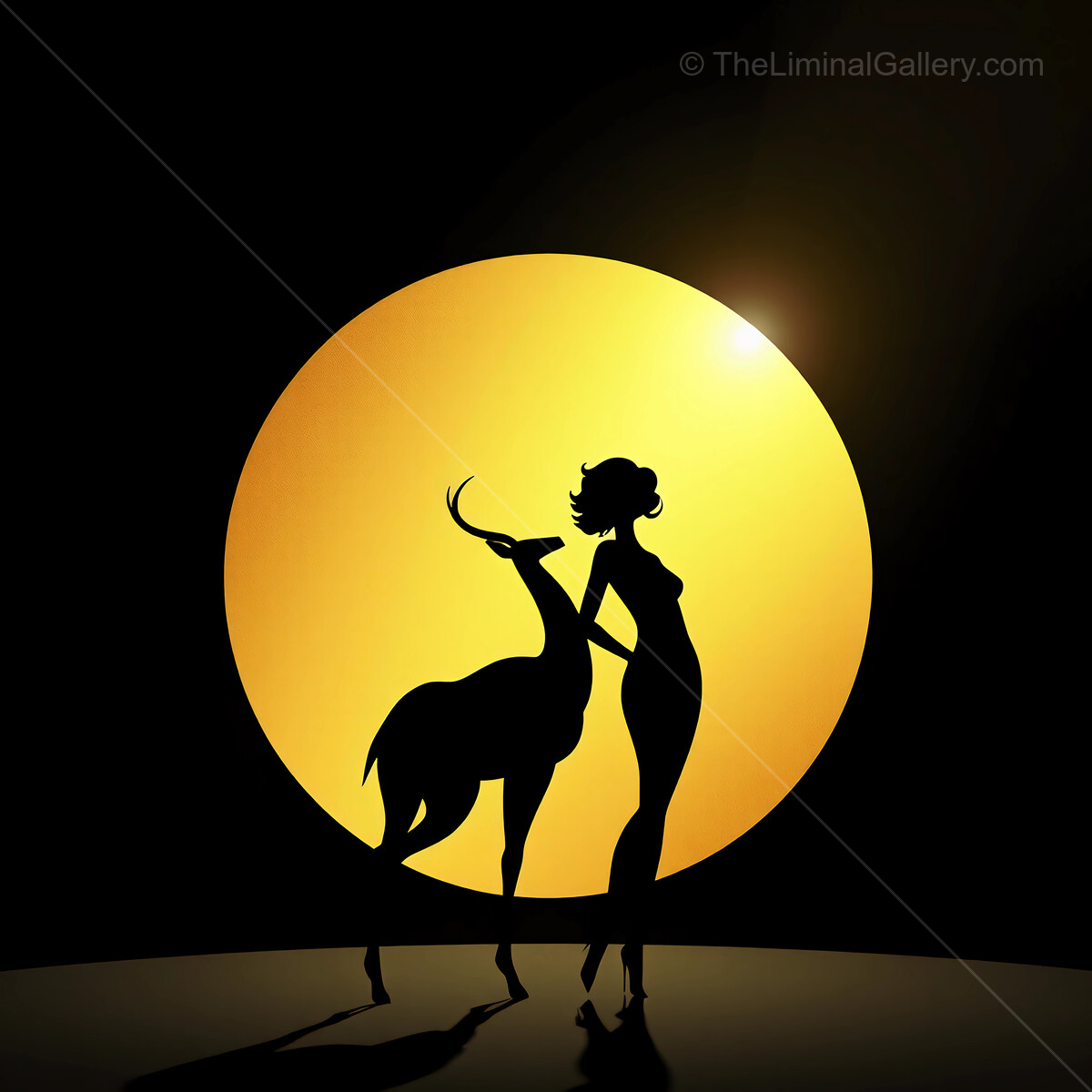 Art deco silhouette of a woman and a deer against a breathtaking sunset backdrop