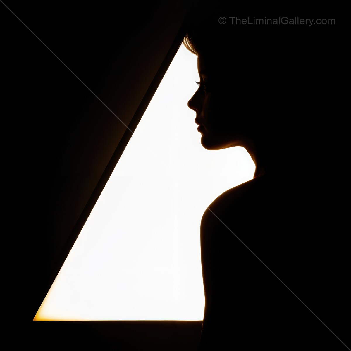 Deco silhouette of a woman framed by a glowing triangle in a dimly lit room