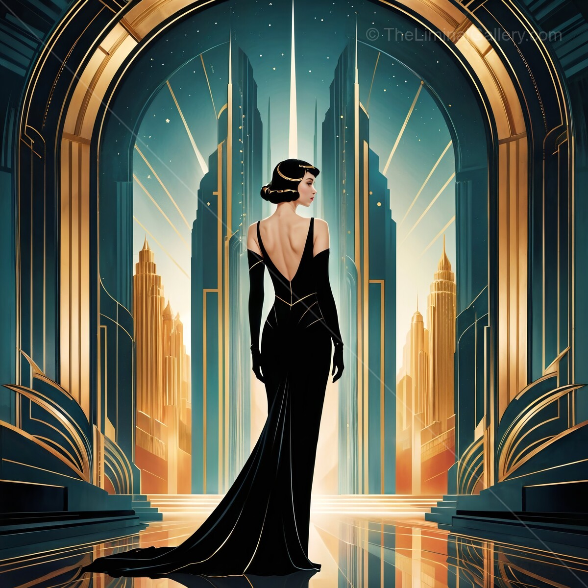 Elegant art deco woman stands poised against a striking cityscape at twilight