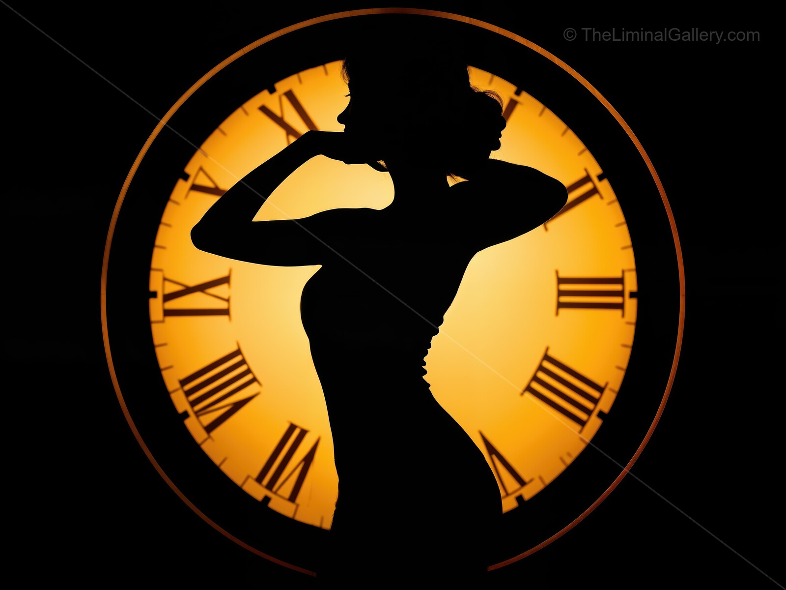 Art deco silhouette of a woman posing gracefully against a glowing vintage clock backdrop