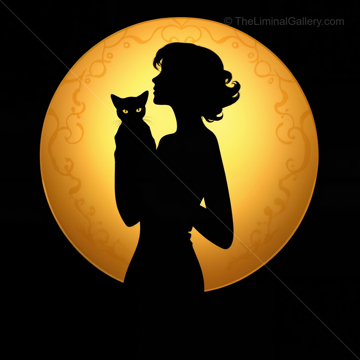 Art deco silhouette of a woman holding a cat against a glowing yellow moon at night