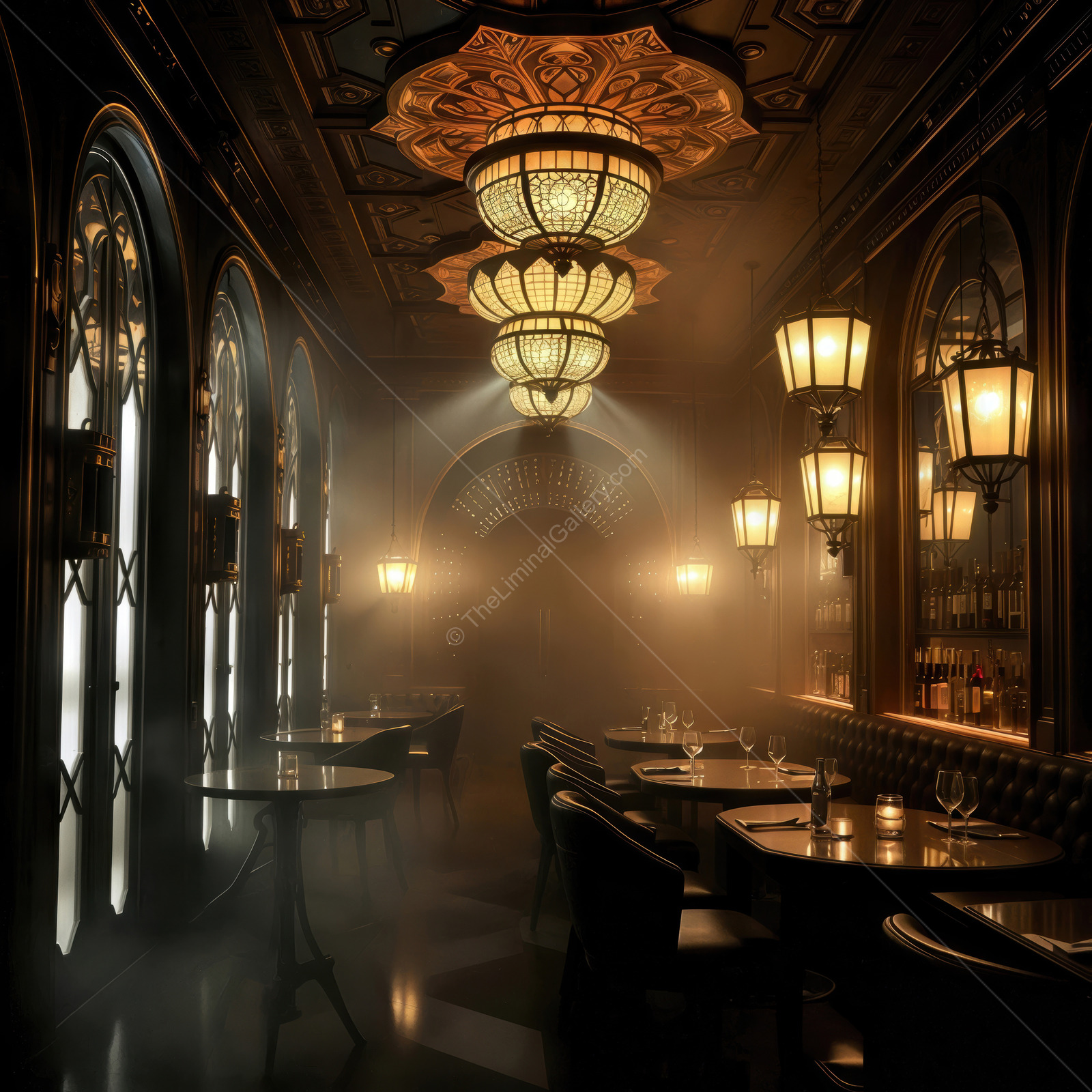 Ambient elegance shines through vintage decor in a dimly lit speakeasy during evening hours