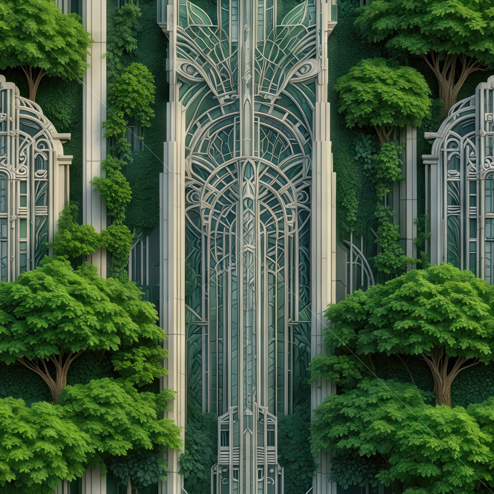 Stunning art deco architectural design harmonizing nature with intricate greenery in an urban landscape
