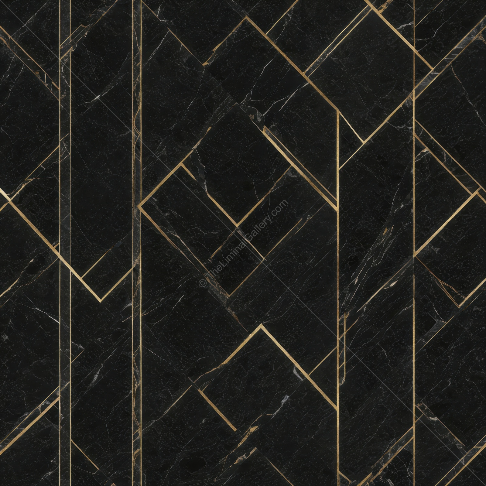 Elegant Art Deco design featuring bold geometric patterns in black marble with golden accents