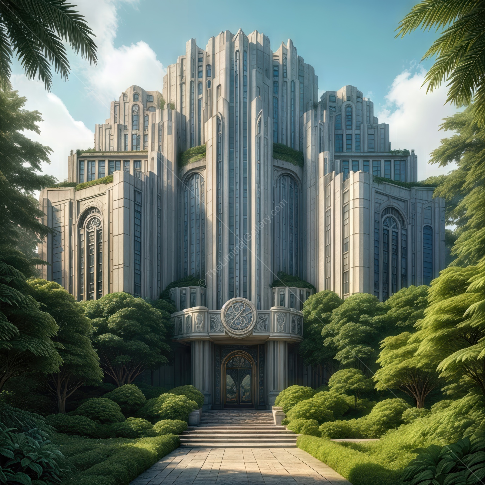 Majestic Art Deco building rises amidst lush greenery, showcasing intricate designs and a regal entrance under a serene sky