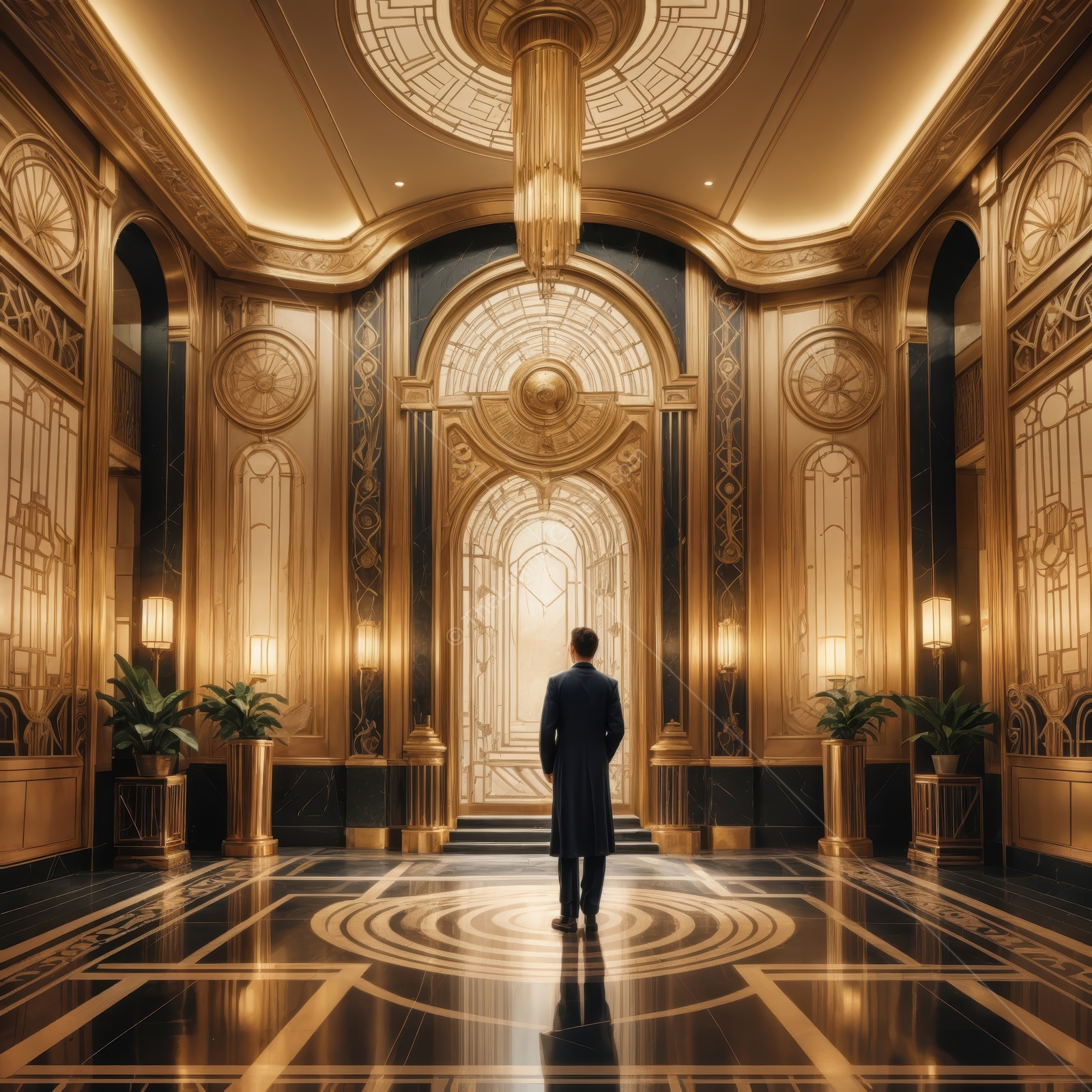 Majestic art deco entrance with elegant man gazing into radiant light