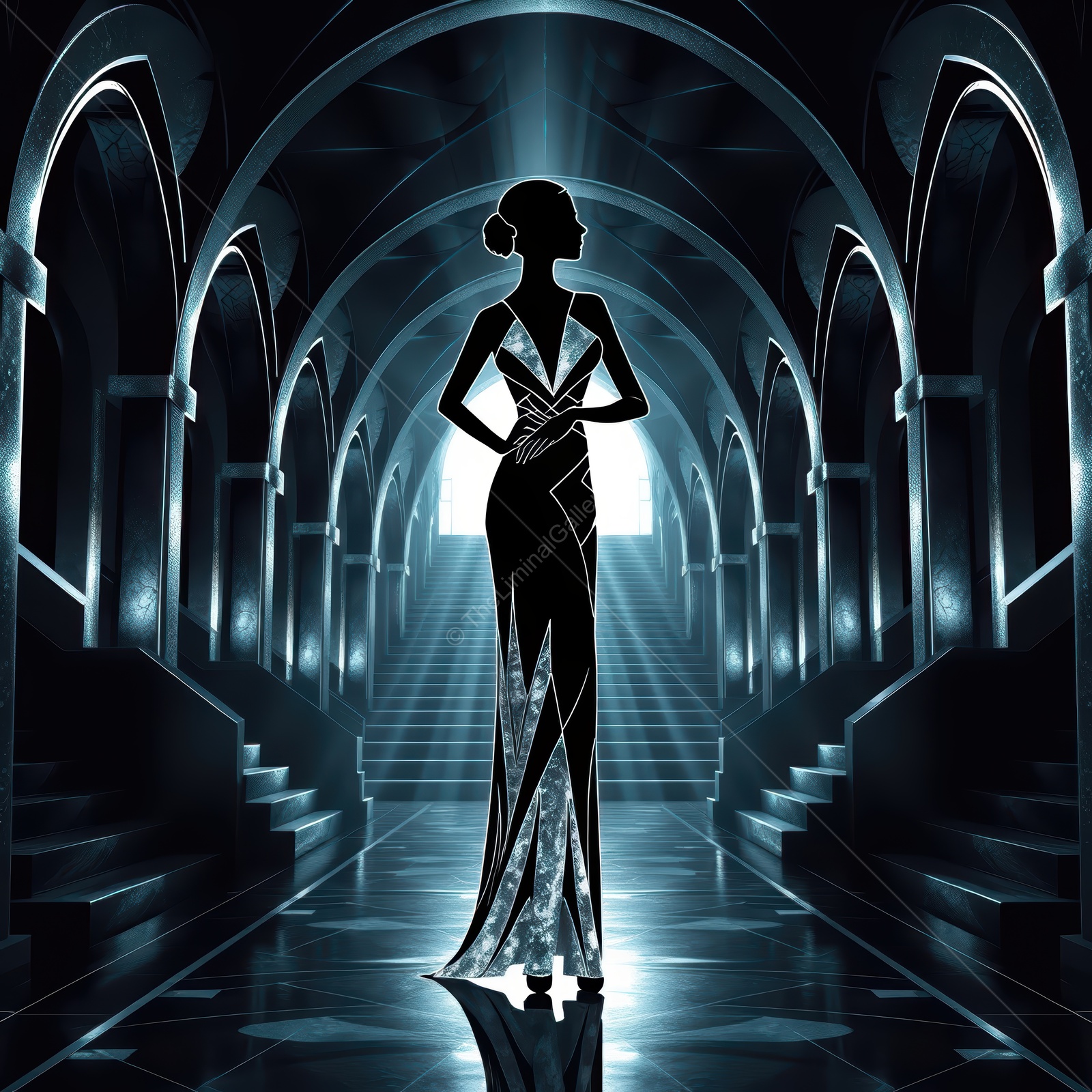 Elegant Art Deco silhouette in a glamorous hall showcasing refined fashion and graceful lines