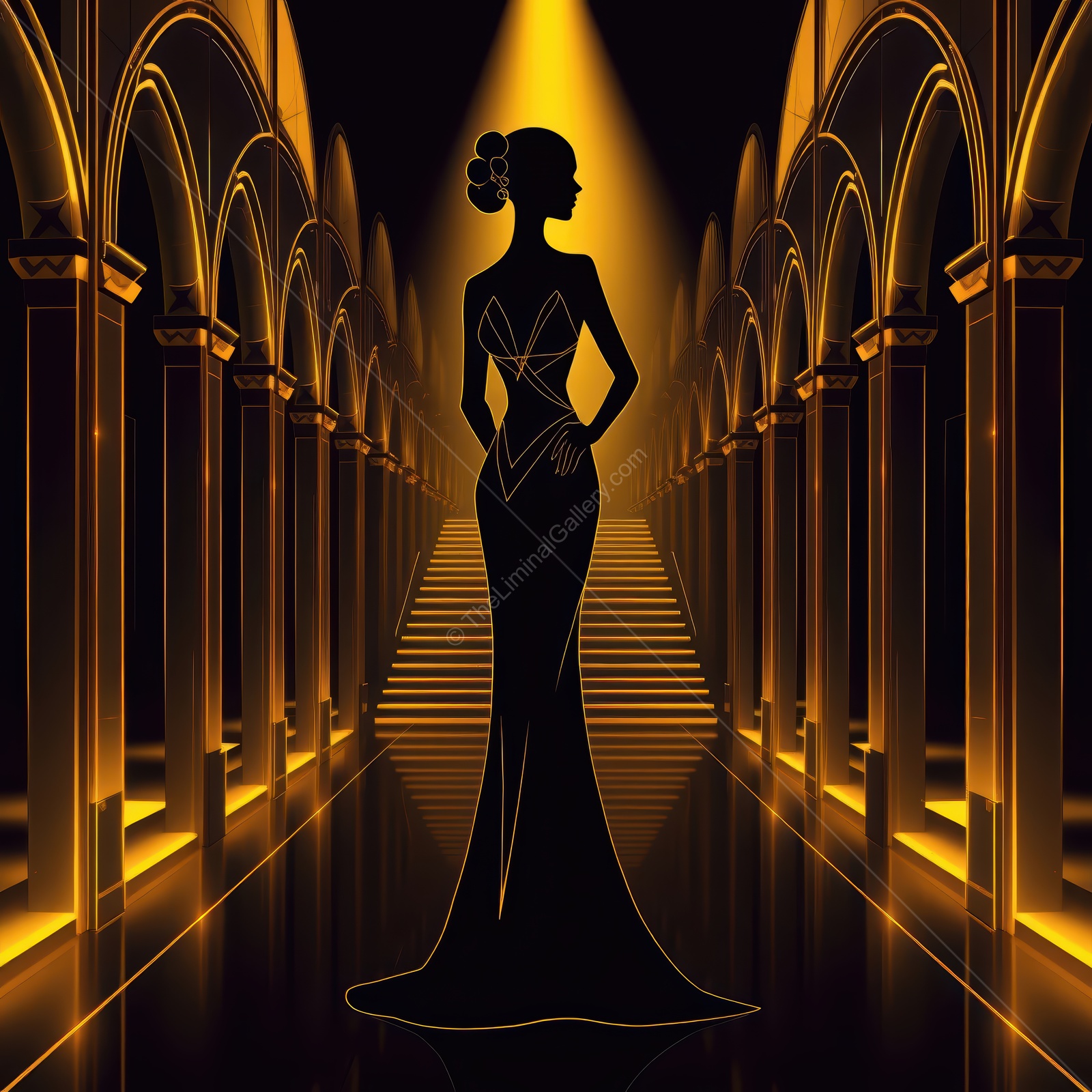 Elegant Art Deco silhouette in a luxurious golden setting with stunning architectural details