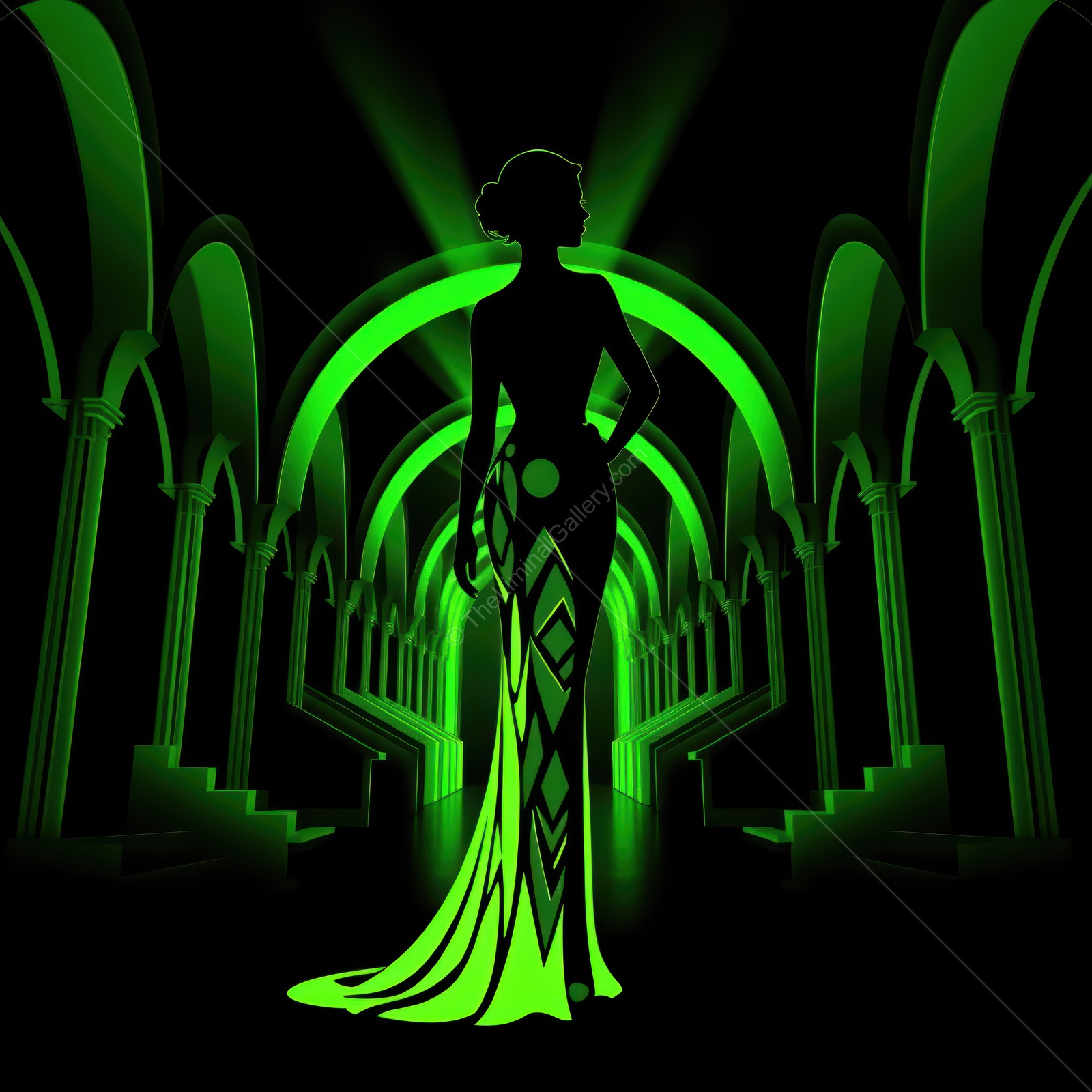Elegant Art Deco silhouette standing in a vibrant green-lit archway with stylish arches and geometric patterns