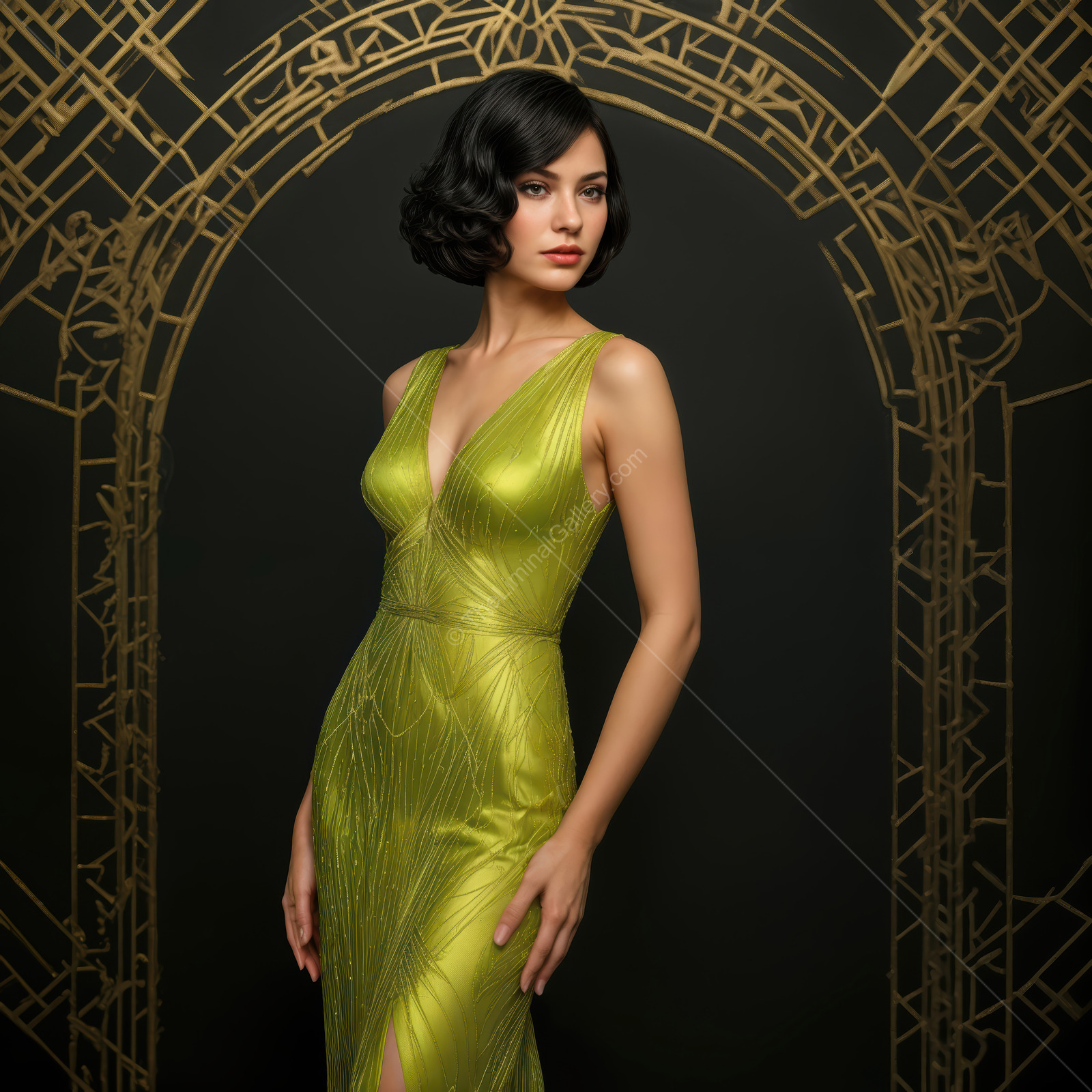 Elegant Art Deco fashion radiates charm in a striking green gown against a decorative backdrop